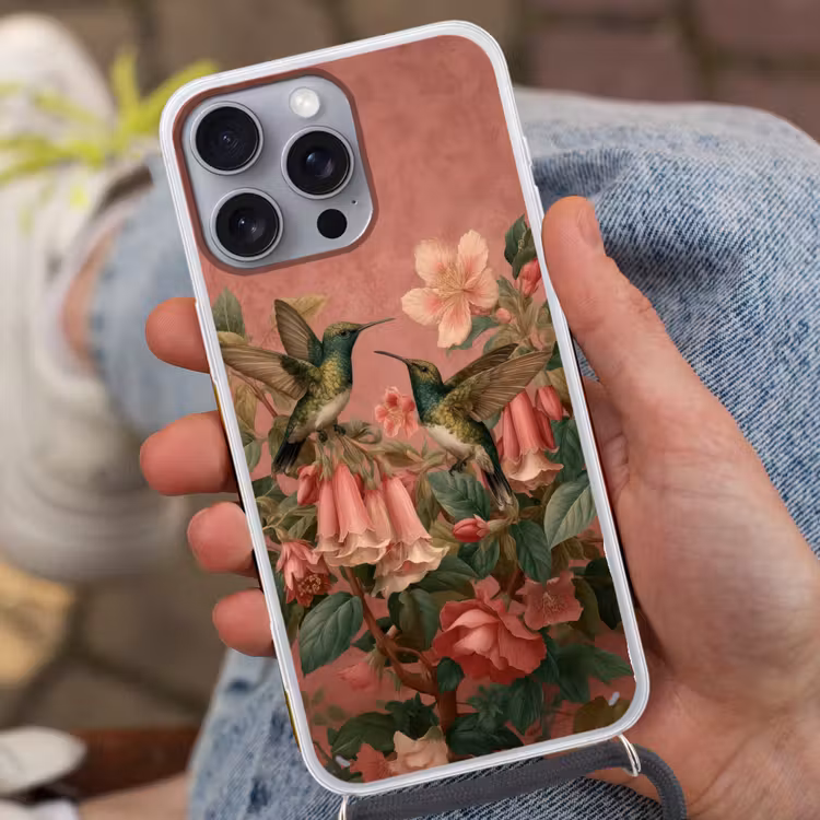 Kolibries - Bloemen - Groen - Roze Hoesje iPhone 16 Pro Max met koord klein -sfeer3