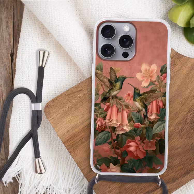 Kolibries - Bloemen - Groen - Roze Hoesje iPhone 16 Pro Max met koord klein -sfeer4