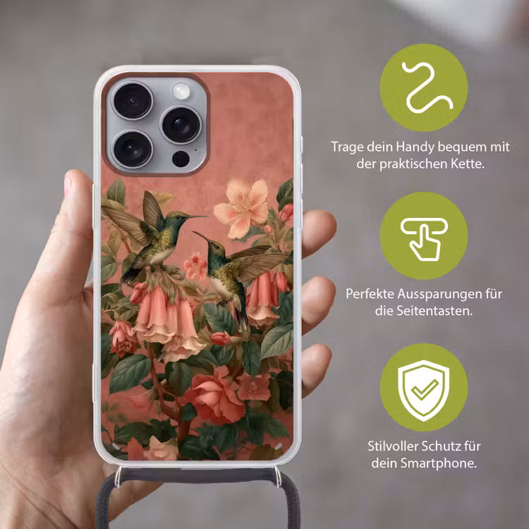 Kolibries - Bloemen - Groen - Roze Hoesje iPhone 16 Pro Max met koord klein -sfeer2_DE