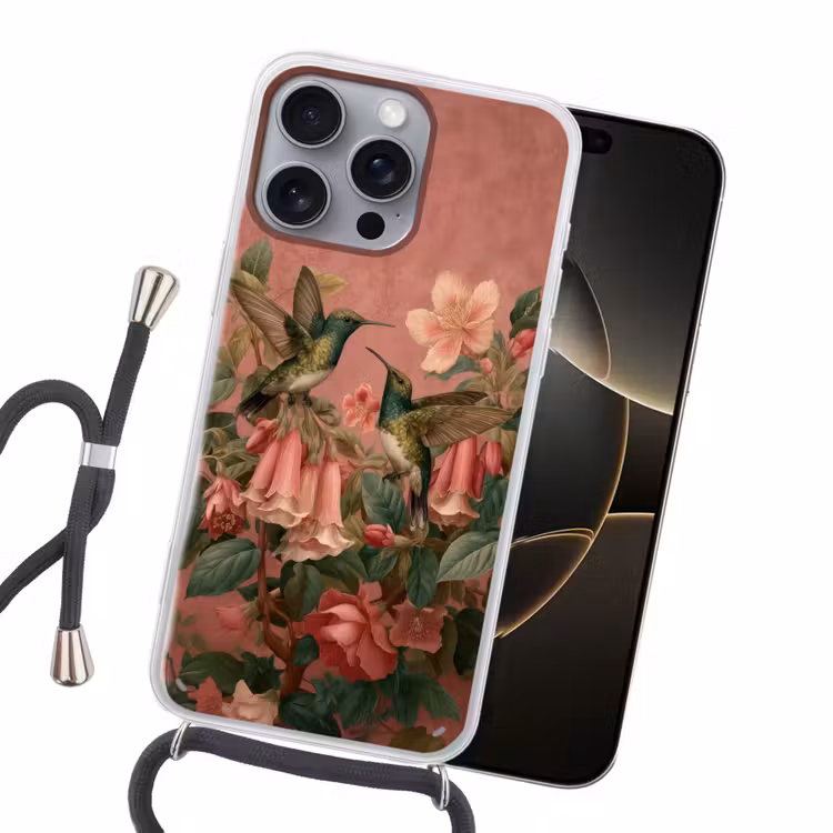 Kolibries - Bloemen - Groen - Roze Hoesje iPhone 16 Pro Max met koord klein -sfeer1