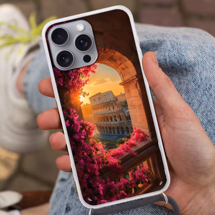 Colosseum - Rome - Roze Bloemen Hoesje iPhone 16 Pro Max met koord klein -sfeer3