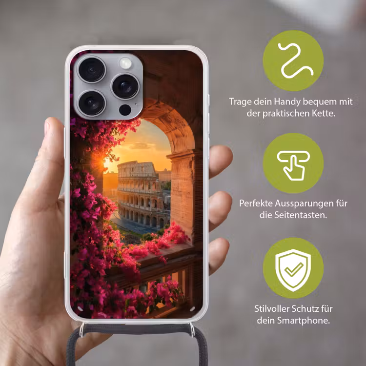 Colosseum - Rome - Roze Bloemen Hoesje iPhone 16 Pro Max met koord klein -sfeer2_DE
