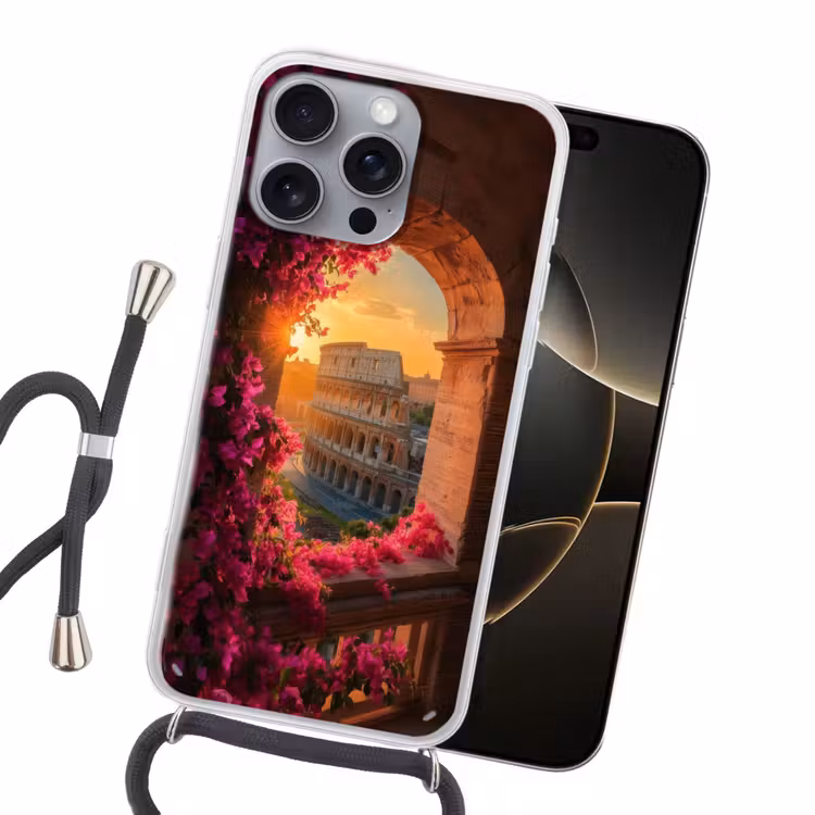 Colosseum - Rome - Roze Bloemen Hoesje iPhone 16 Pro Max met koord klein -sfeer1