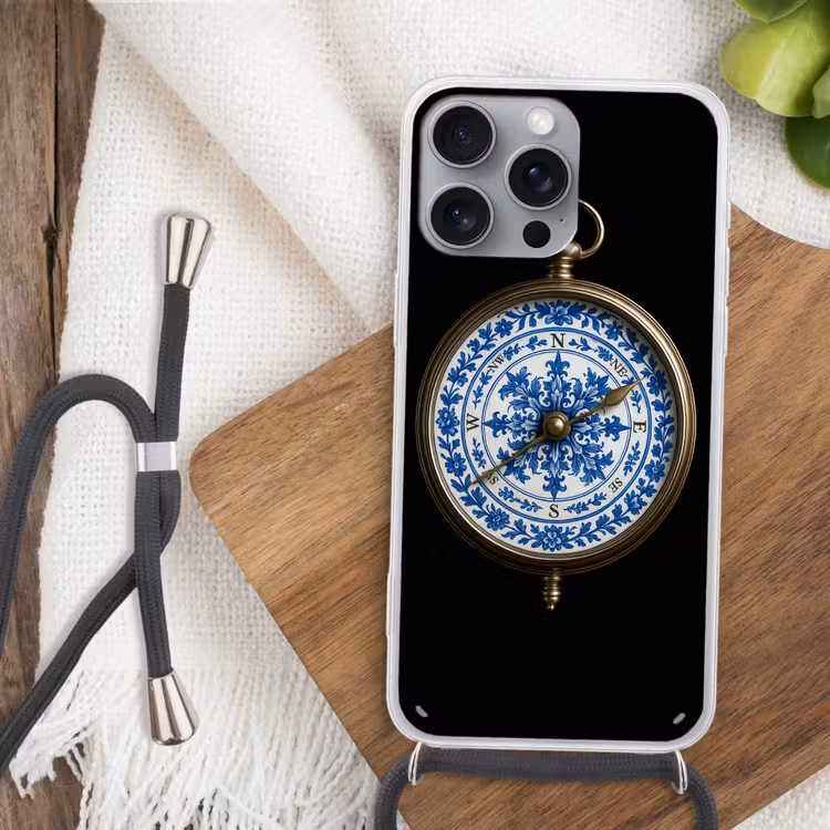Kompas - Delfts blauw - Zwart Hoesje iPhone 16 Pro Max met koord klein -sfeer4