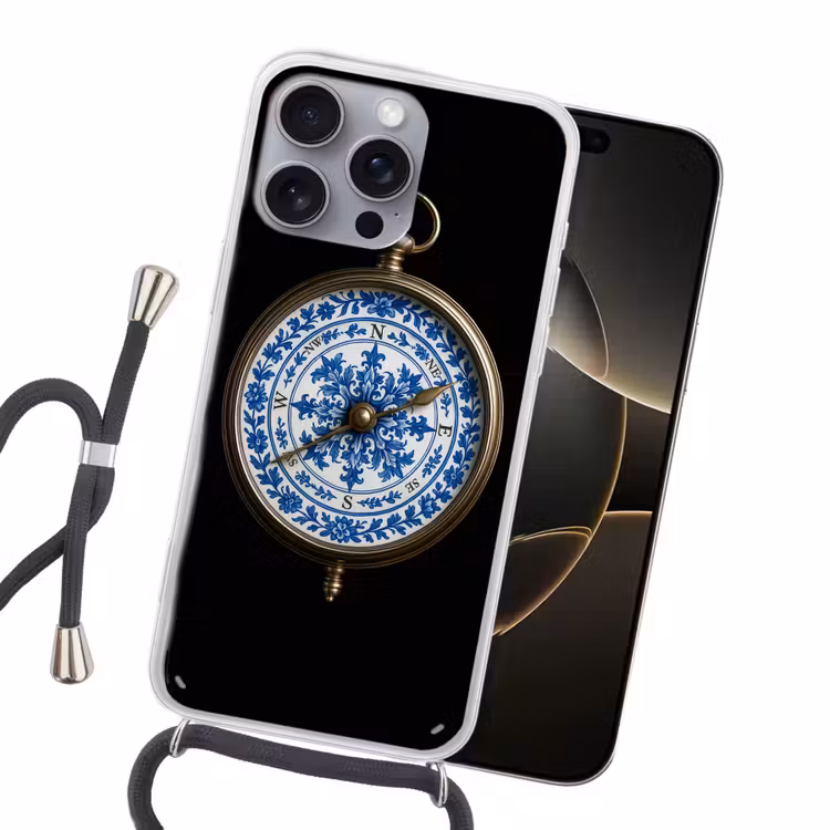 Kompas - Delfts blauw - Zwart Hoesje iPhone 16 Pro Max met koord klein -sfeer1