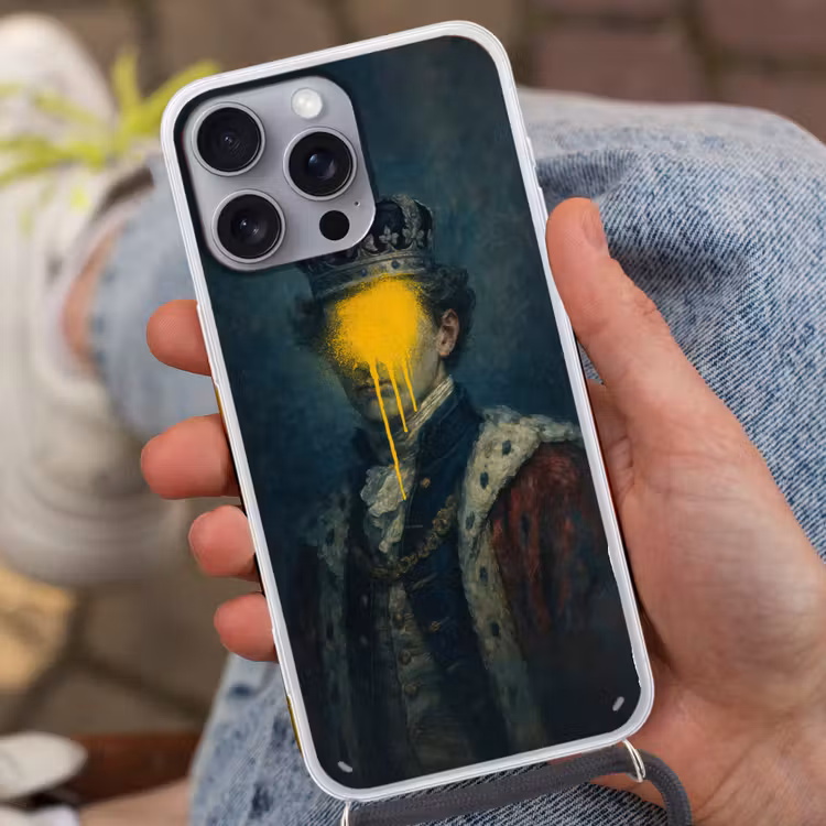 Koning - Portret - Druipende gele verf Hoesje iPhone 16 Pro Max met koord klein -sfeer3
