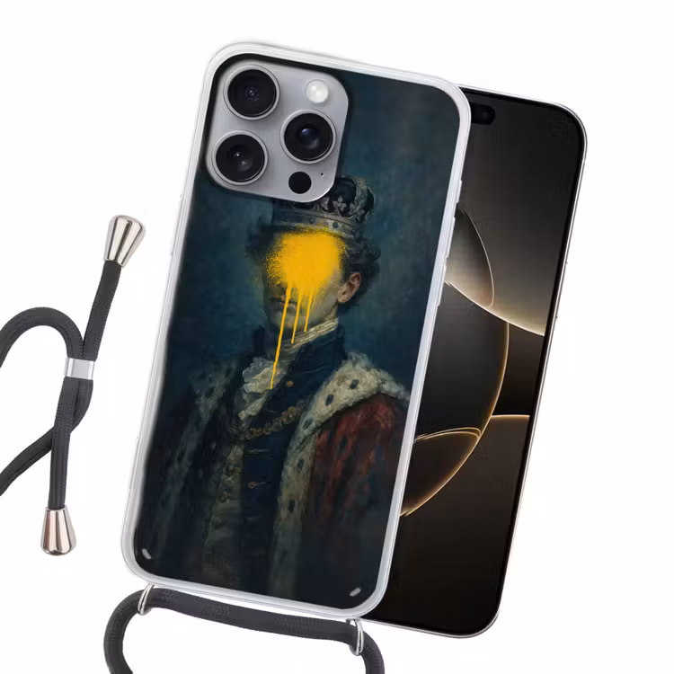 Koning - Portret - Druipende gele verf Hoesje iPhone 16 Pro Max met koord klein -sfeer1