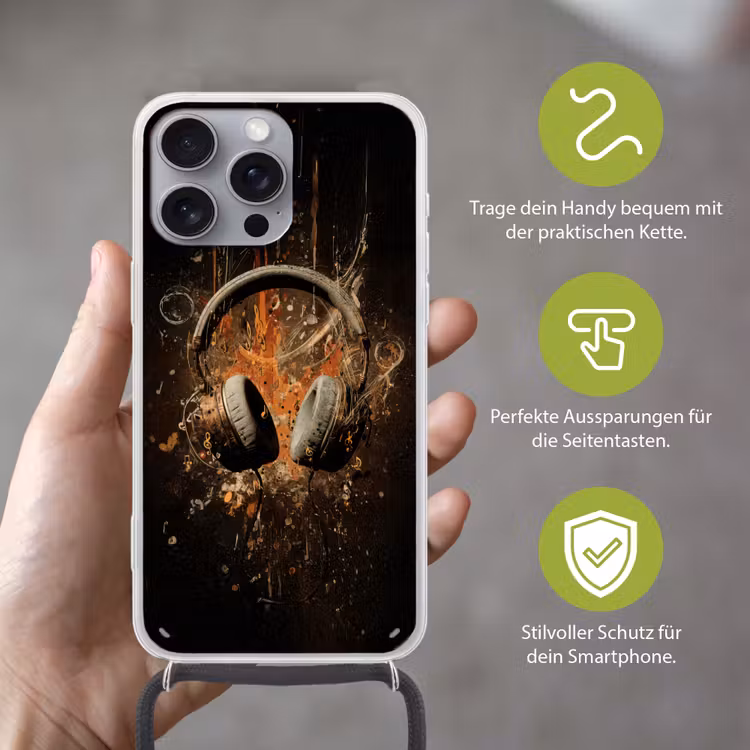 Koptelefoon - Bruin - Dynamische penseelstreken Hoesje iPhone 16 Pro Max met koord klein -sfeer2_DE