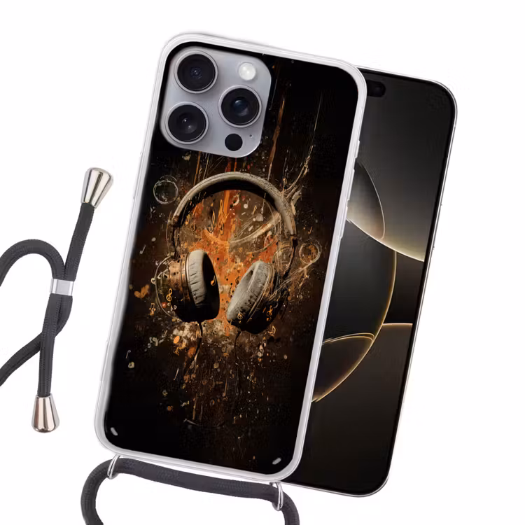 Koptelefoon - Bruin - Dynamische penseelstreken Hoesje iPhone 16 Pro Max met koord klein -sfeer1