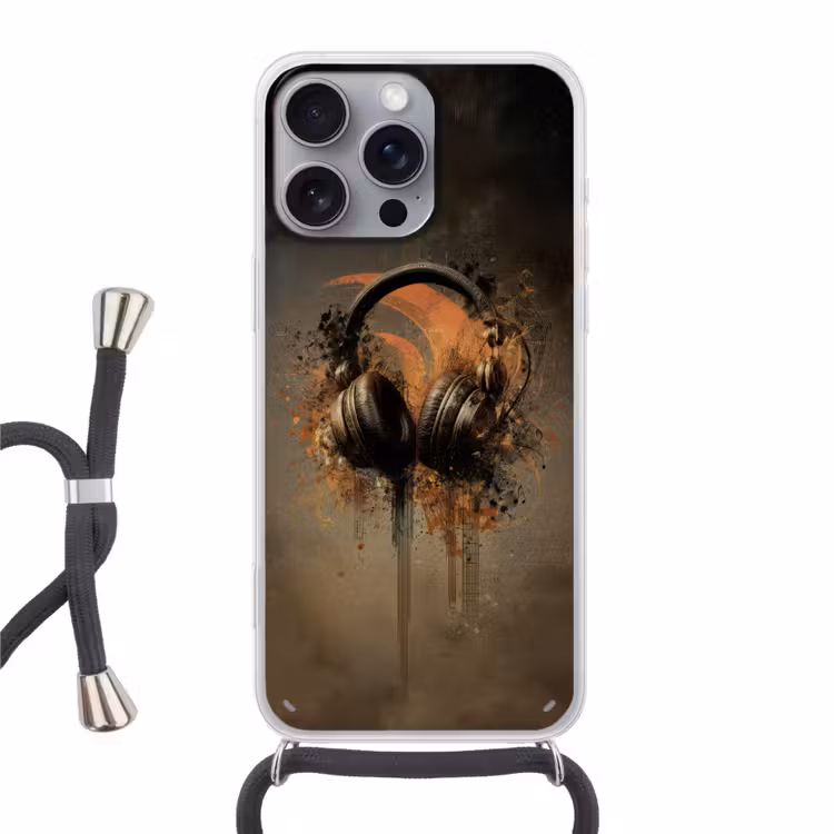 Koptelefoon - Bruin - Verf - Vintage Hoesje iPhone 16 Pro Max met koord klein -3d