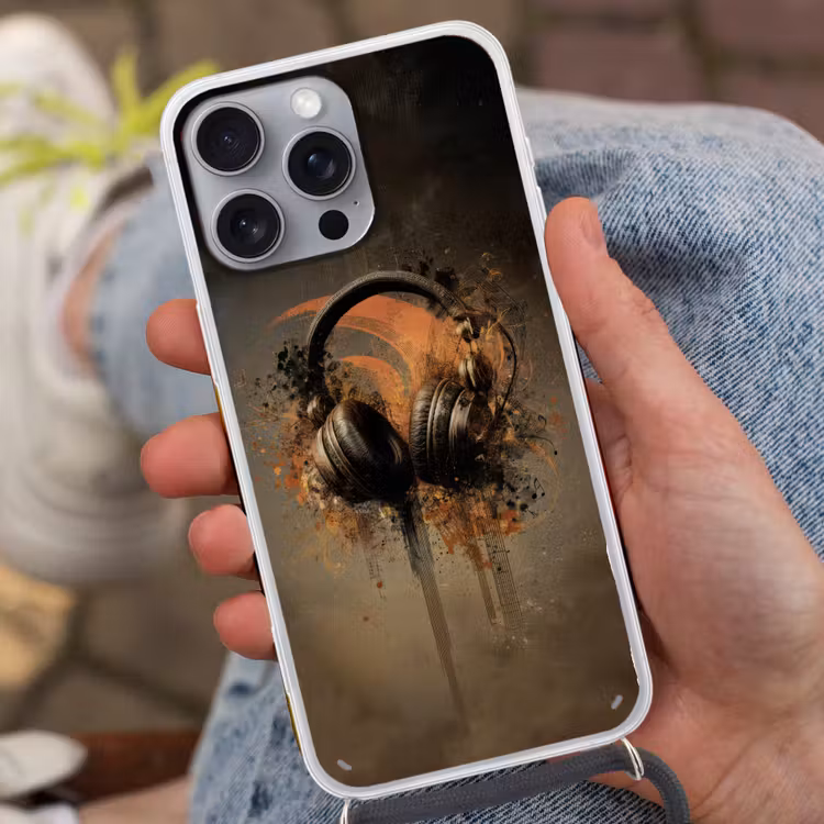 Koptelefoon - Bruin - Verf - Vintage Hoesje iPhone 16 Pro Max met koord klein -sfeer3