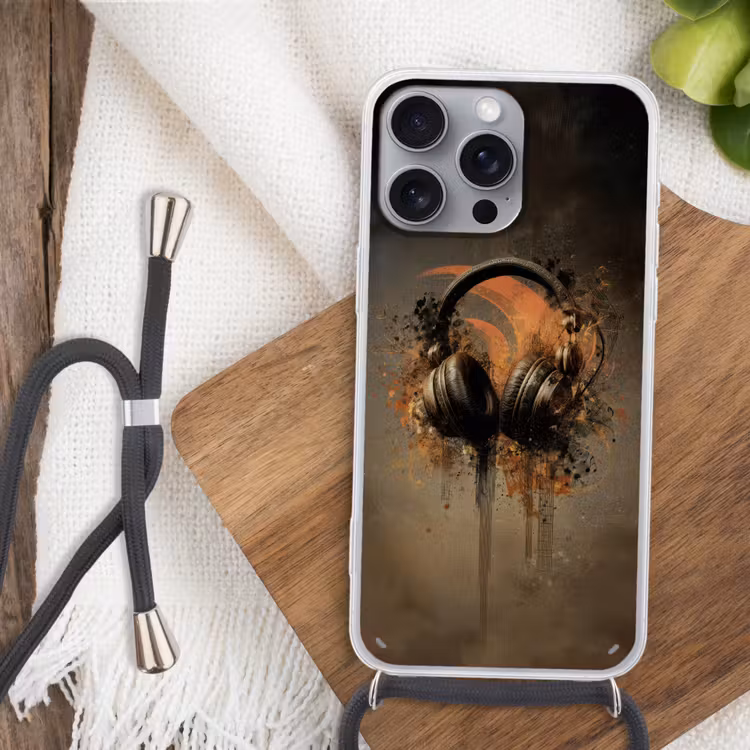 Koptelefoon - Bruin - Verf - Vintage Hoesje iPhone 16 Pro Max met koord klein -sfeer4