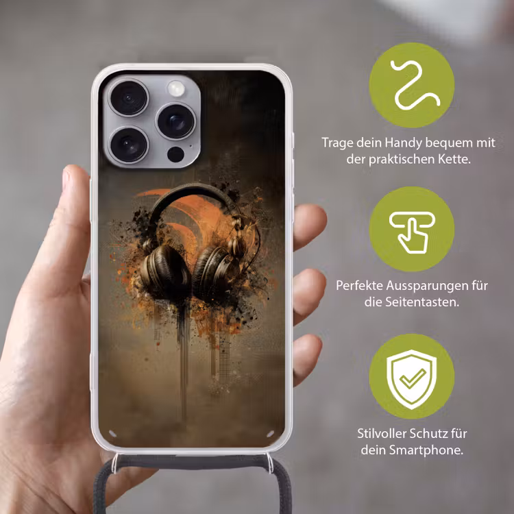 Koptelefoon - Bruin - Verf - Vintage Hoesje iPhone 16 Pro Max met koord klein -sfeer2_DE
