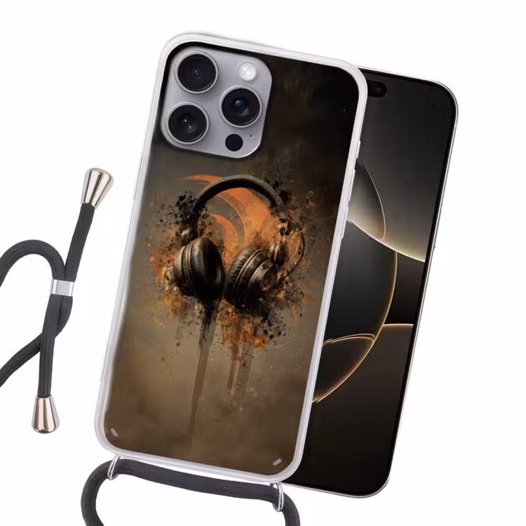 Koptelefoon - Bruin - Verf - Vintage Hoesje iPhone 16 Pro Max met koord klein -sfeer1
