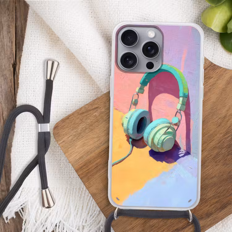 Koptelefoon - Mintgroen - Draad Hoesje iPhone 16 Pro Max met koord klein -sfeer4