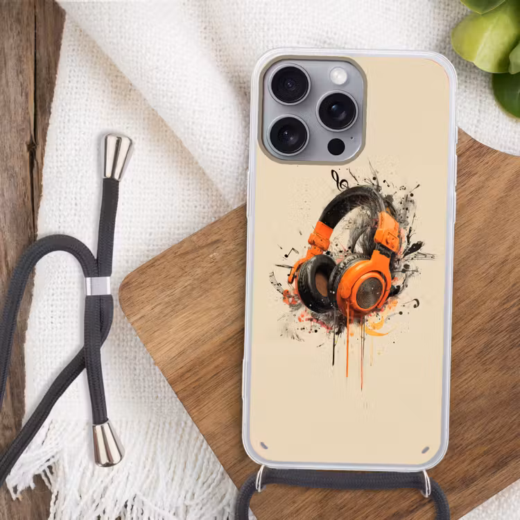 Koptelefoon - Oranje - Explosief Hoesje iPhone 16 Pro Max met koord klein -sfeer4