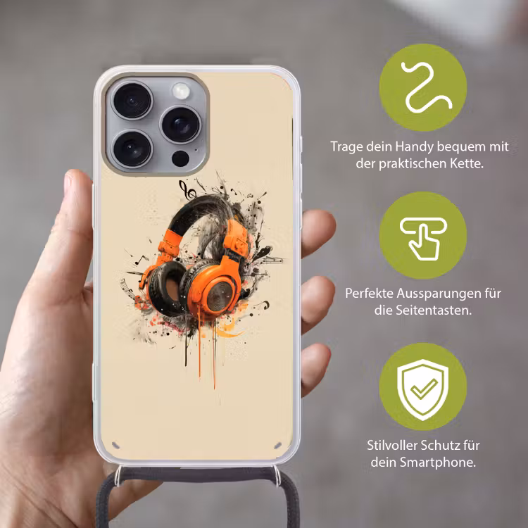 Koptelefoon - Oranje - Explosief Hoesje iPhone 16 Pro Max met koord klein -sfeer2_DE