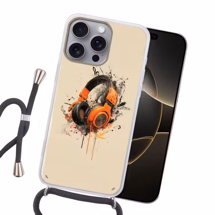 Koptelefoon - Oranje - Explosief Hoesje iPhone 16 Pro Max met koord klein -sfeer1
