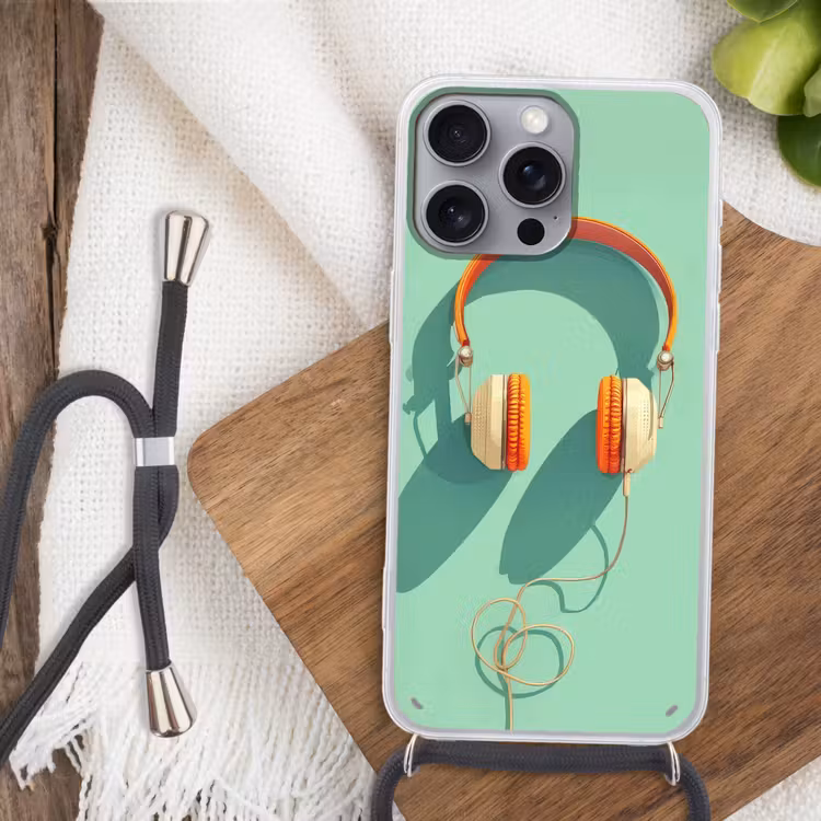 Koptelefoon - Oranje - Snoer - Minimalistisch Hoesje iPhone 16 Pro Max met koord klein -sfeer4
