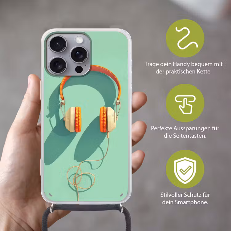 Koptelefoon - Oranje - Snoer - Minimalistisch Hoesje iPhone 16 Pro Max met koord klein -sfeer2_DE