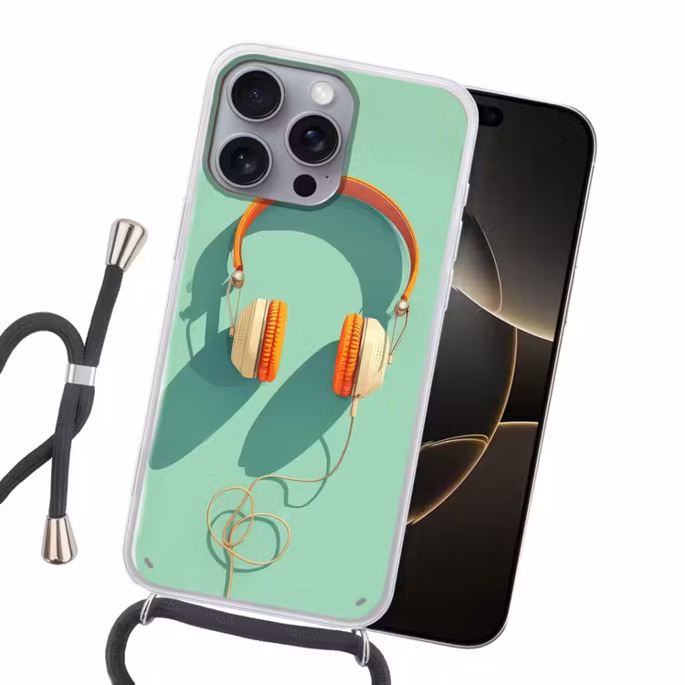 Koptelefoon - Oranje - Snoer - Minimalistisch Hoesje iPhone 16 Pro Max met koord klein -sfeer1