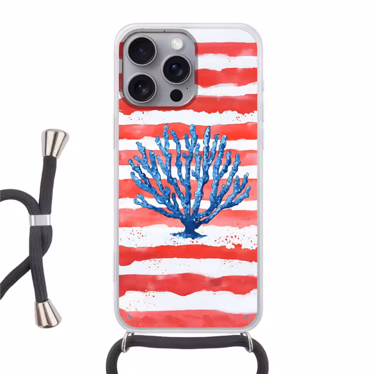 Koraal - Verfstructuur - Rood - Blauw Hoesje iPhone 16 Pro Max met koord klein -3d