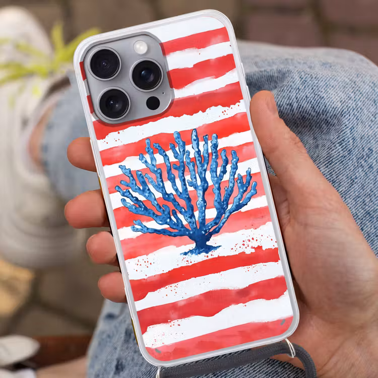Koraal - Verfstructuur - Rood - Blauw Hoesje iPhone 16 Pro Max met koord klein -sfeer3