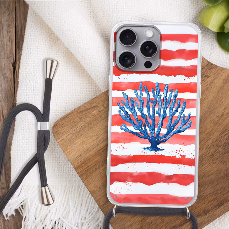Koraal - Verfstructuur - Rood - Blauw Hoesje iPhone 16 Pro Max met koord klein -sfeer4