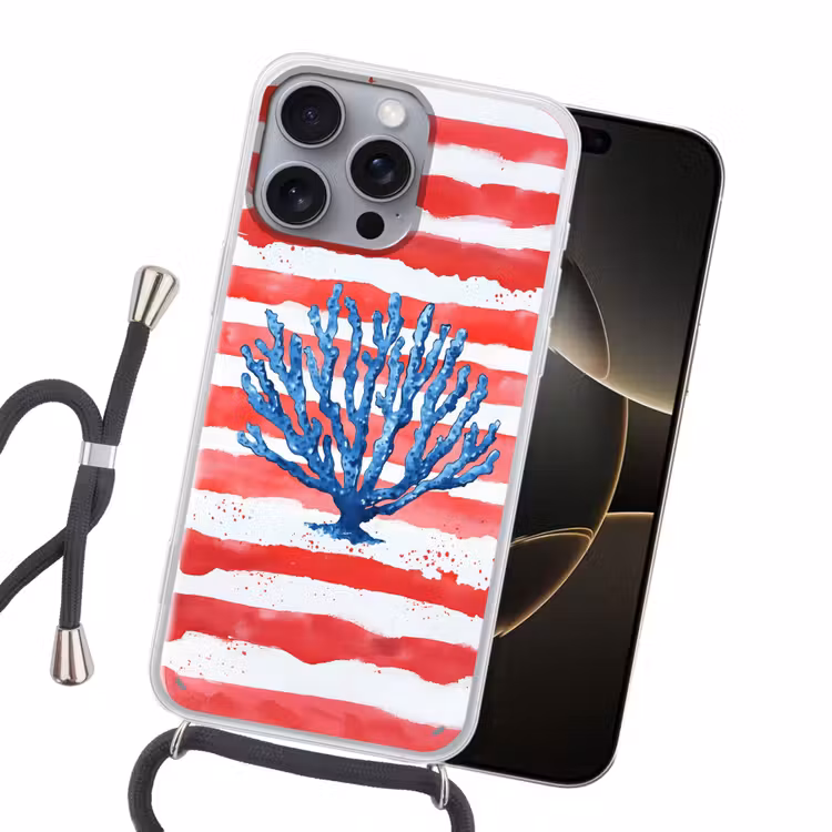 Koraal - Verfstructuur - Rood - Blauw Hoesje iPhone 16 Pro Max met koord klein -sfeer1