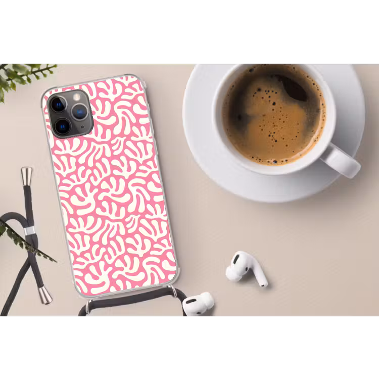 Koraal - Patroon - Roze - Wit - Minimalistisch Hoesje iPhone 12 Pro met koord klein -oordop