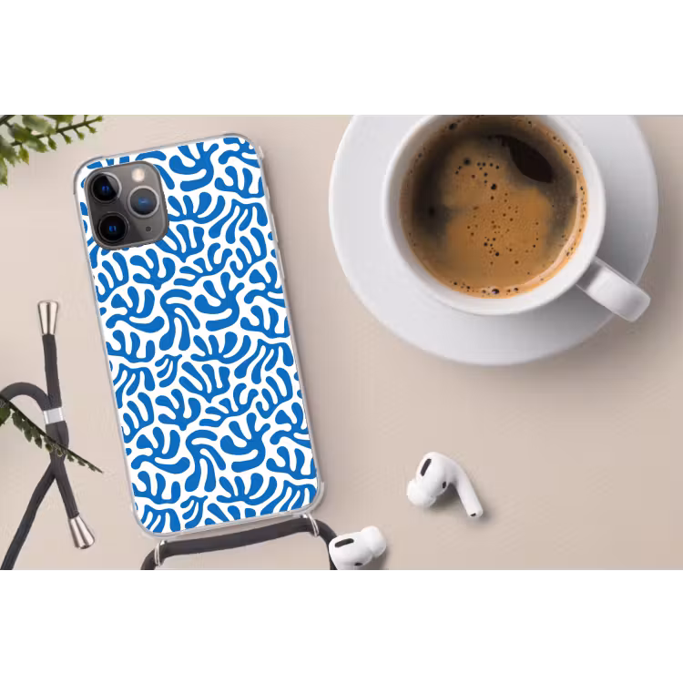 Koraal patroon - Wit - Blauw - Zomer Hoesje iPhone 12 Pro met koord klein -oordop