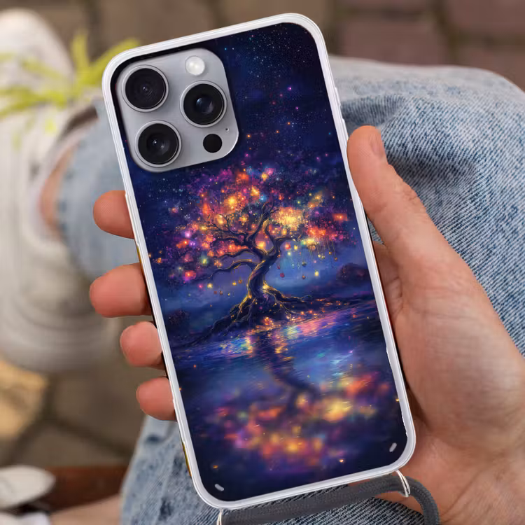 Kosmisch - lichtboom - Kerst - Kleurrijk Hoesje iPhone 16 Pro Max met koord klein -sfeer3