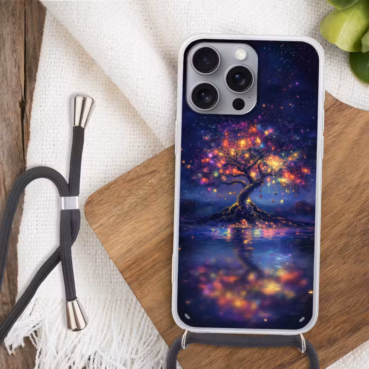 Kosmisch - lichtboom - Kerst - Kleurrijk Hoesje iPhone 16 Pro Max met koord klein -sfeer4