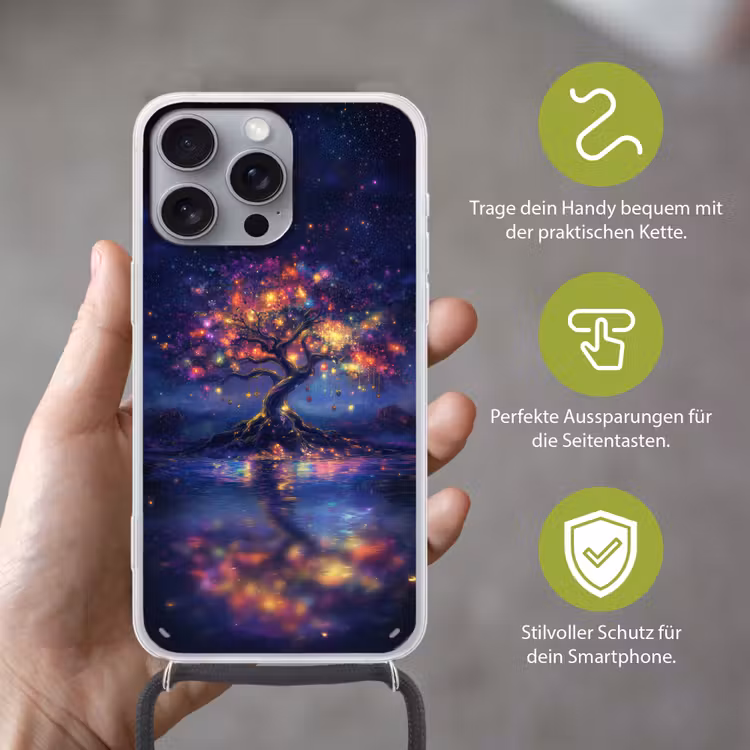 Kosmisch - lichtboom - Kerst - Kleurrijk Hoesje iPhone 16 Pro Max met koord klein -sfeer2_DE