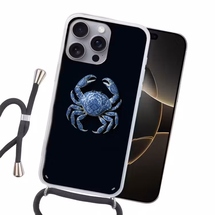 Krab - Delfts blauw - Dieren Hoesje iPhone 16 Pro Max met koord klein -sfeer1