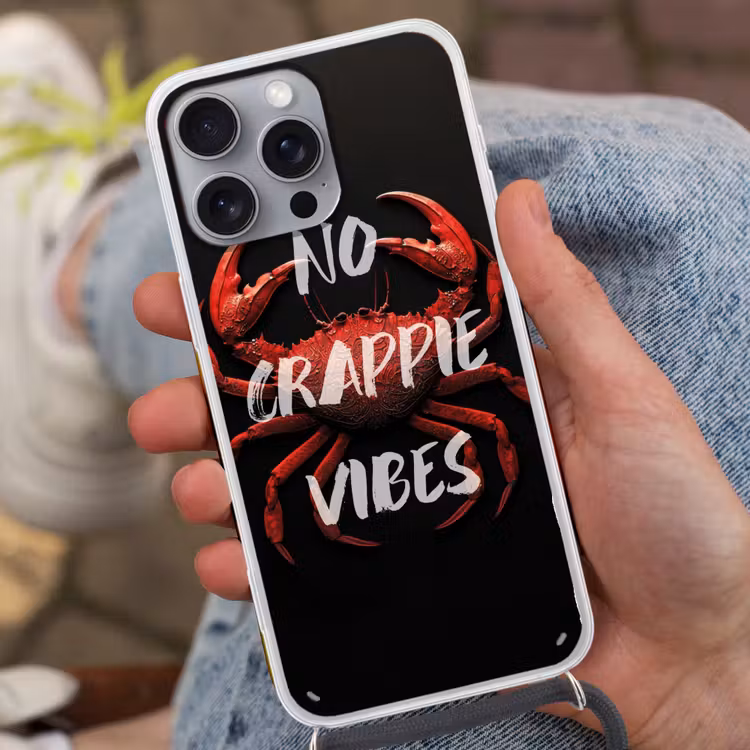 Krab - Rood - Tekst - Zwart Hoesje iPhone 16 Pro Max met koord klein -sfeer3