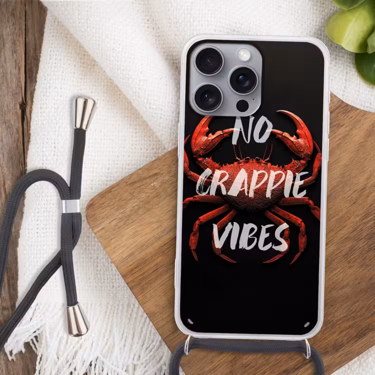 Krab - Rood - Tekst - Zwart Hoesje iPhone 16 Pro Max met koord klein -sfeer4