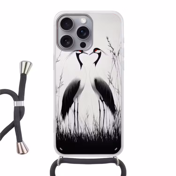 Kraanvogels - Gras - Hartvorm - Zwart Hoesje iPhone 16 Pro Max met koord klein -3d