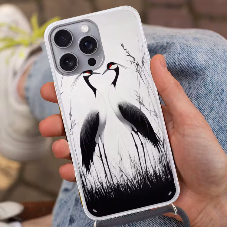 Kraanvogels - Gras - Hartvorm - Zwart Hoesje iPhone 16 Pro Max met koord klein -sfeer3