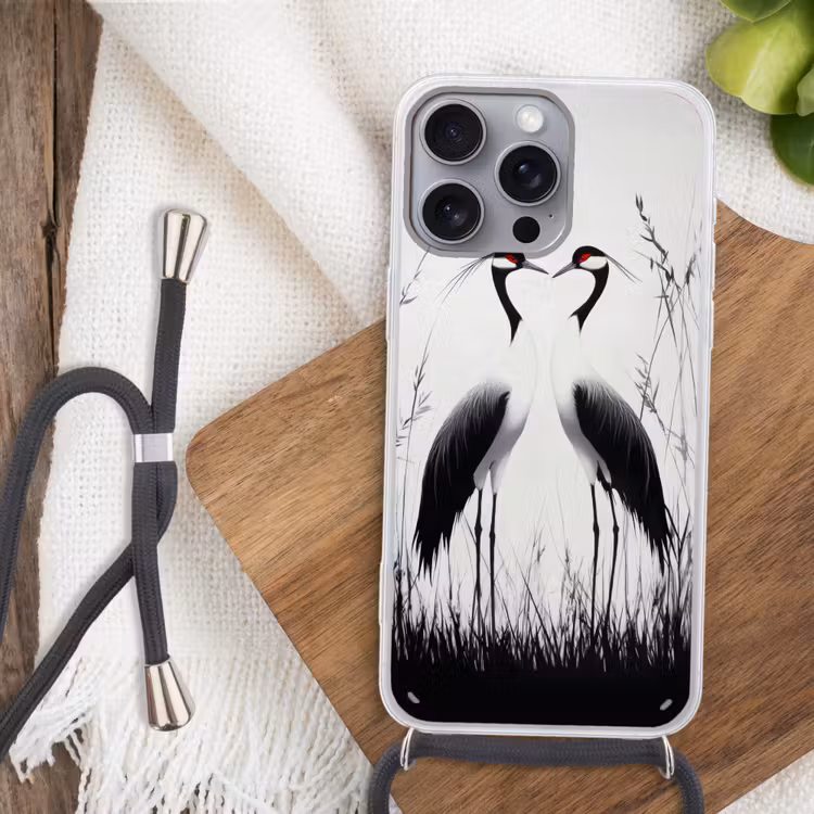 Kraanvogels - Gras - Hartvorm - Zwart Hoesje iPhone 16 Pro Max met koord klein -sfeer4