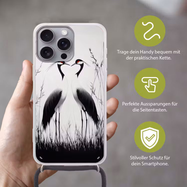 Kraanvogels - Gras - Hartvorm - Zwart Hoesje iPhone 16 Pro Max met koord klein -sfeer2_DE