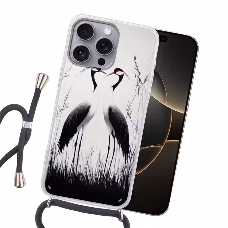 Kraanvogels - Gras - Hartvorm - Zwart Hoesje iPhone 16 Pro Max met koord klein -sfeer1