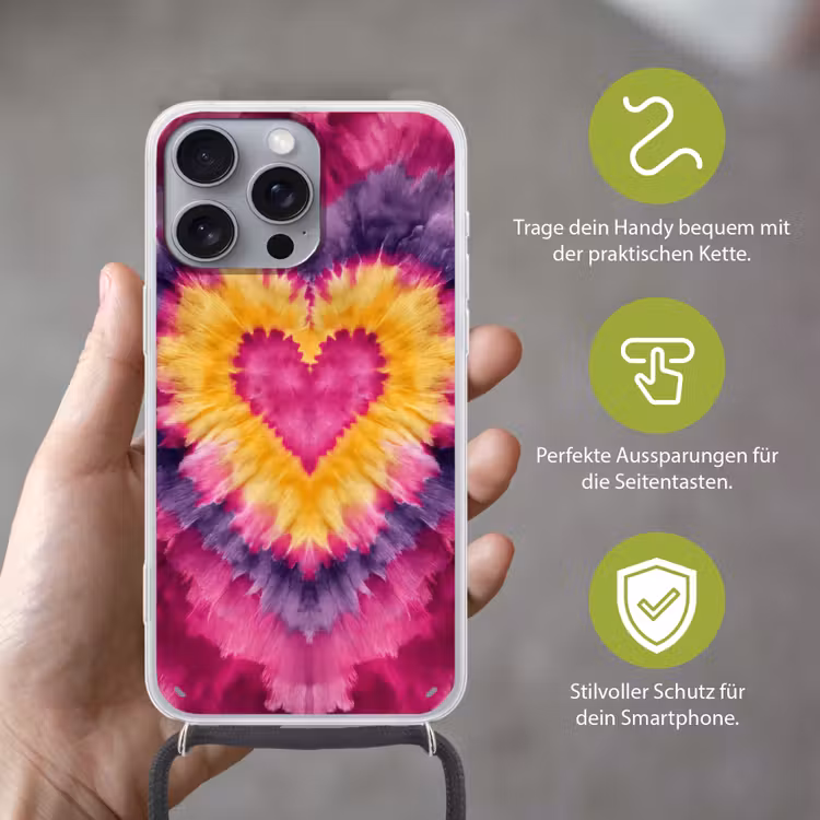 Tie dye - Hartvorm - Vlammen - Oranje Hoesje iPhone 16 Pro Max met koord klein -sfeer2_DE