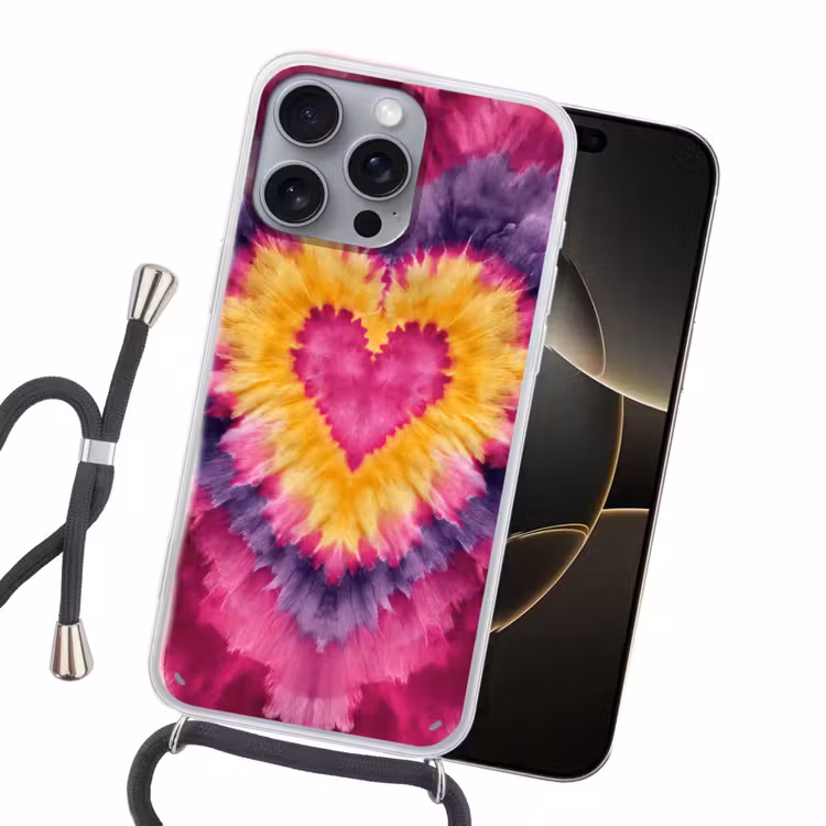 Tie dye - Hartvorm - Vlammen - Oranje Hoesje iPhone 16 Pro Max met koord klein -sfeer1