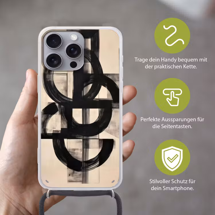 Cirkels - Lijnen - Vormen - Zwart Hoesje iPhone 16 Pro Max met koord klein -sfeer2_DE