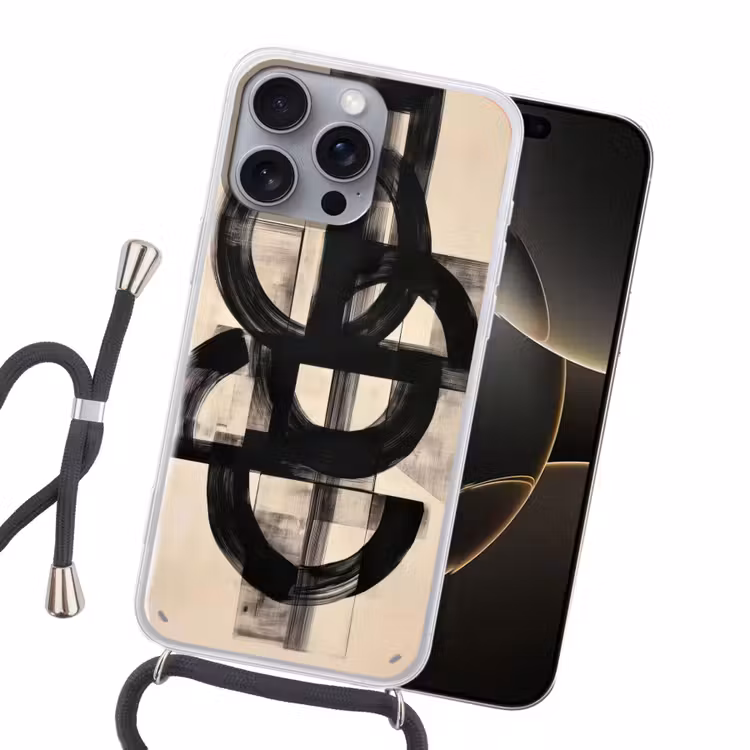 Cirkels - Lijnen - Vormen - Zwart Hoesje iPhone 16 Pro Max met koord klein -sfeer1