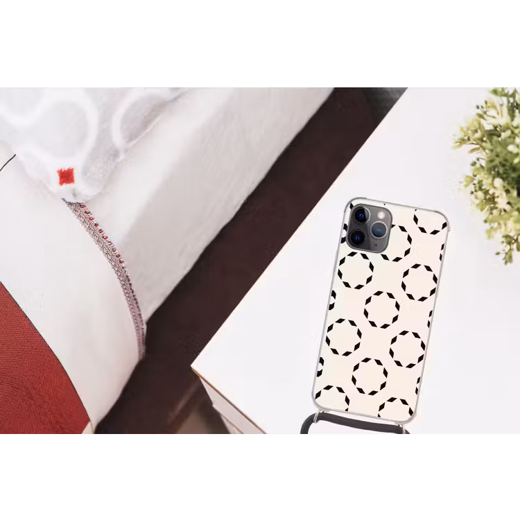 Cirkels - Patroon - Zwart - Beige - Abstract Hoesje iPhone 12 Pro met koord klein -kamer