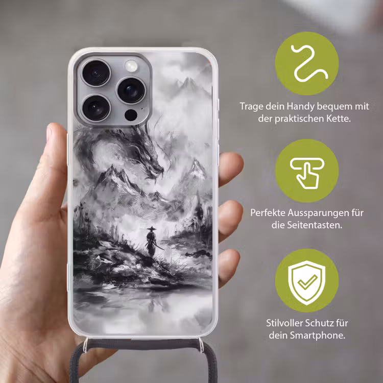 Krijger - Draak - Grijs Hoesje iPhone 16 Pro Max met koord klein -sfeer2_DE