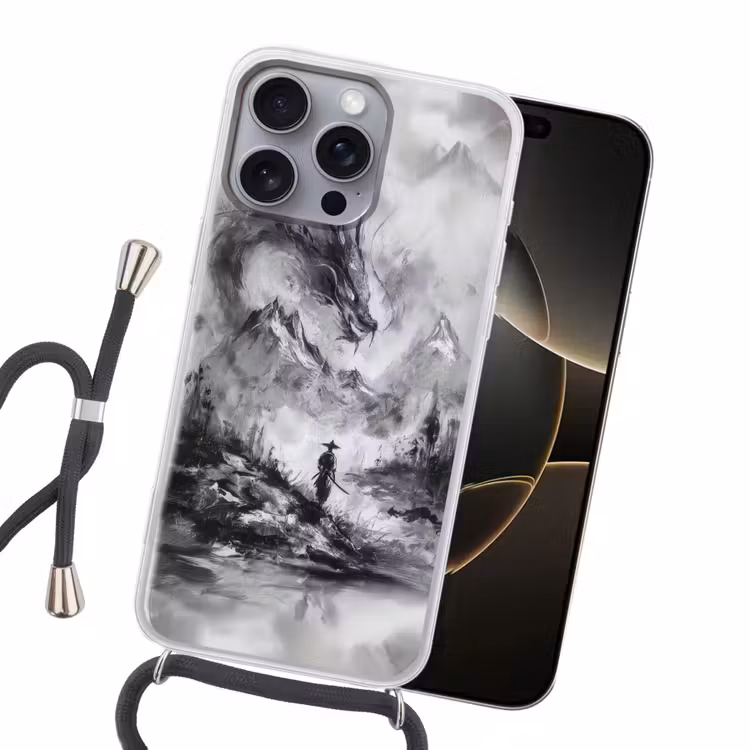 Krijger - Draak - Grijs Hoesje iPhone 16 Pro Max met koord klein -sfeer1