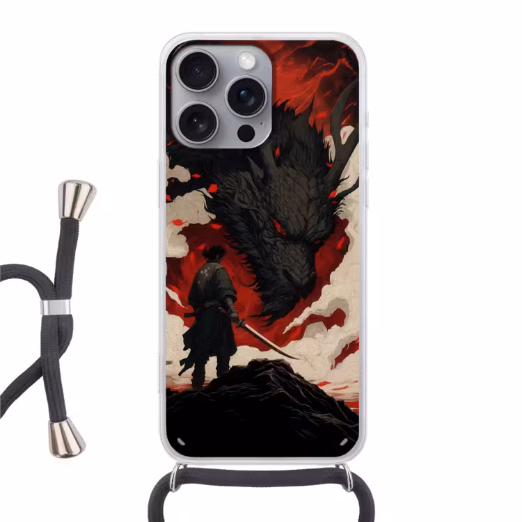 Krijger - Draak - Zwart - Rood - Rook Hoesje iPhone 16 Pro Max met koord klein -3d